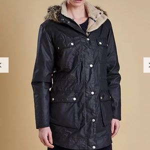 Barbour Carribena Navy Wax Winter Jacket with Sherpa Lining and Fur Trim